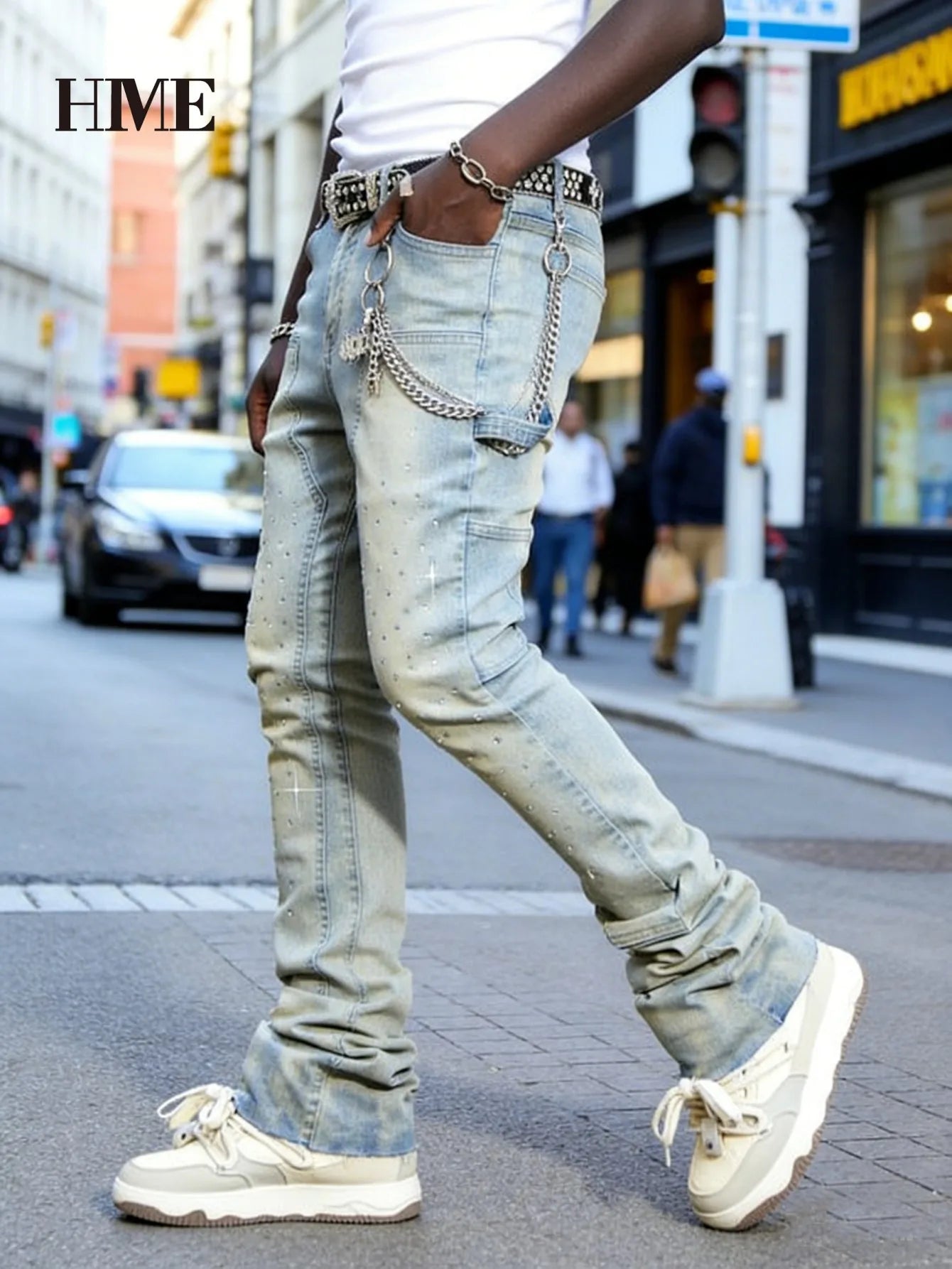 【HME】Men's jeans | Rhinestone Embellished Stacked Flare Denim pants for men, light vintage washed denim trousers with full‑body hot‑fix rhinestones, contrast stitching, multi‑pocket construction fashion streetwear m