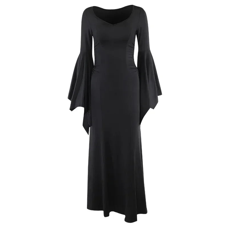 Halloween Costume Women Batwing Sleeve Floor Dress Black Gothic Evil Terror