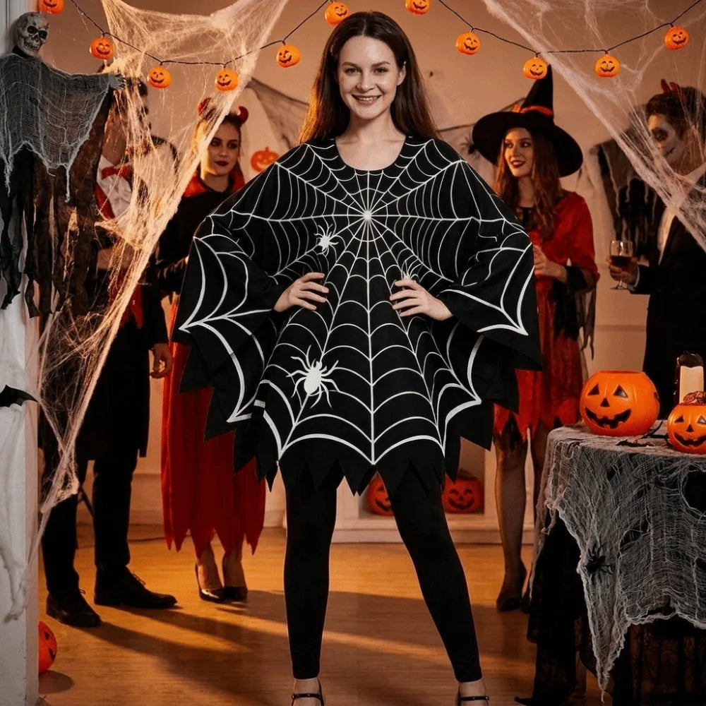 Cosplay Costume Scary Halloween Spider Web Cloak Creepy Black Shawl Poncho Cape Cosplay Party Costume Carnival Costume