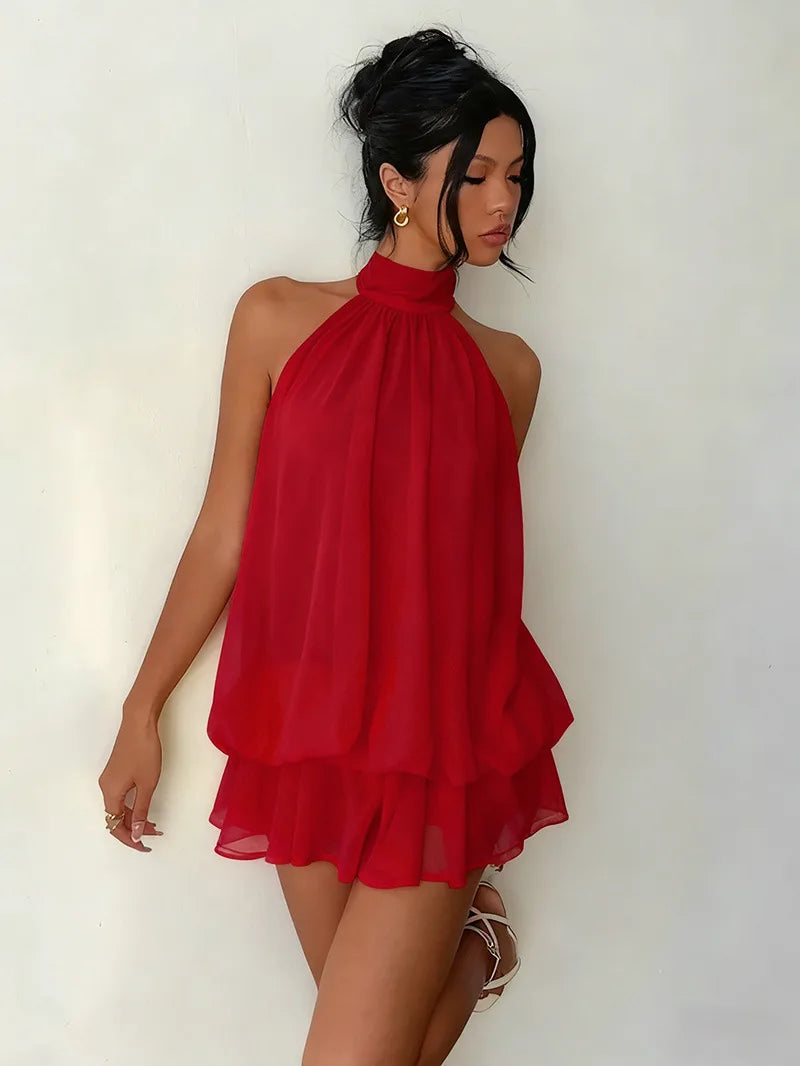 Halter Neck Backless Tie Mini Dress