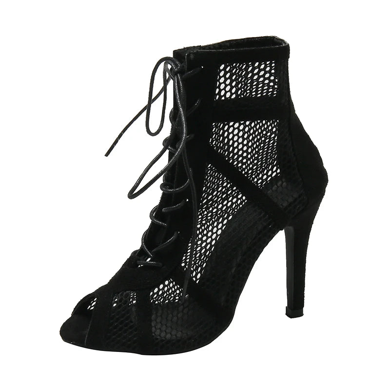 High Heels Hollow Mesh Sandals Women Summer Cross-tied Peep Toe Heeled Sandals Ankle Strap Dance Shoes Black Net Sandals