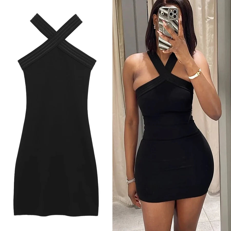Halter Black Dress Mini Sleeveless Short Dresses
