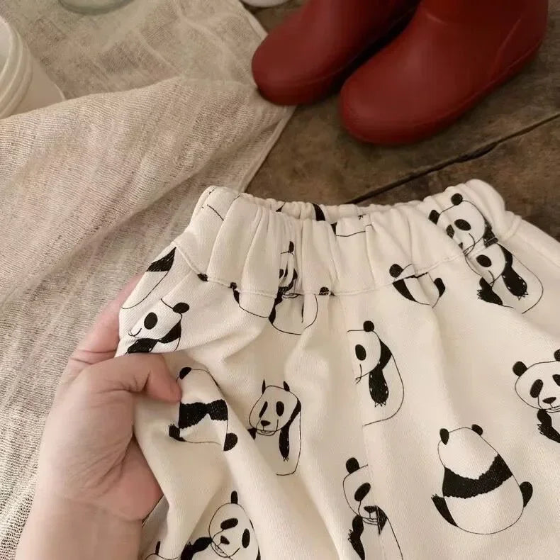 Children's Clothing Sets Panda Embroidered Short Sleeve Top + Panda Print Shorts Baby Girl Clothes for 2 To 7years Outfit Set