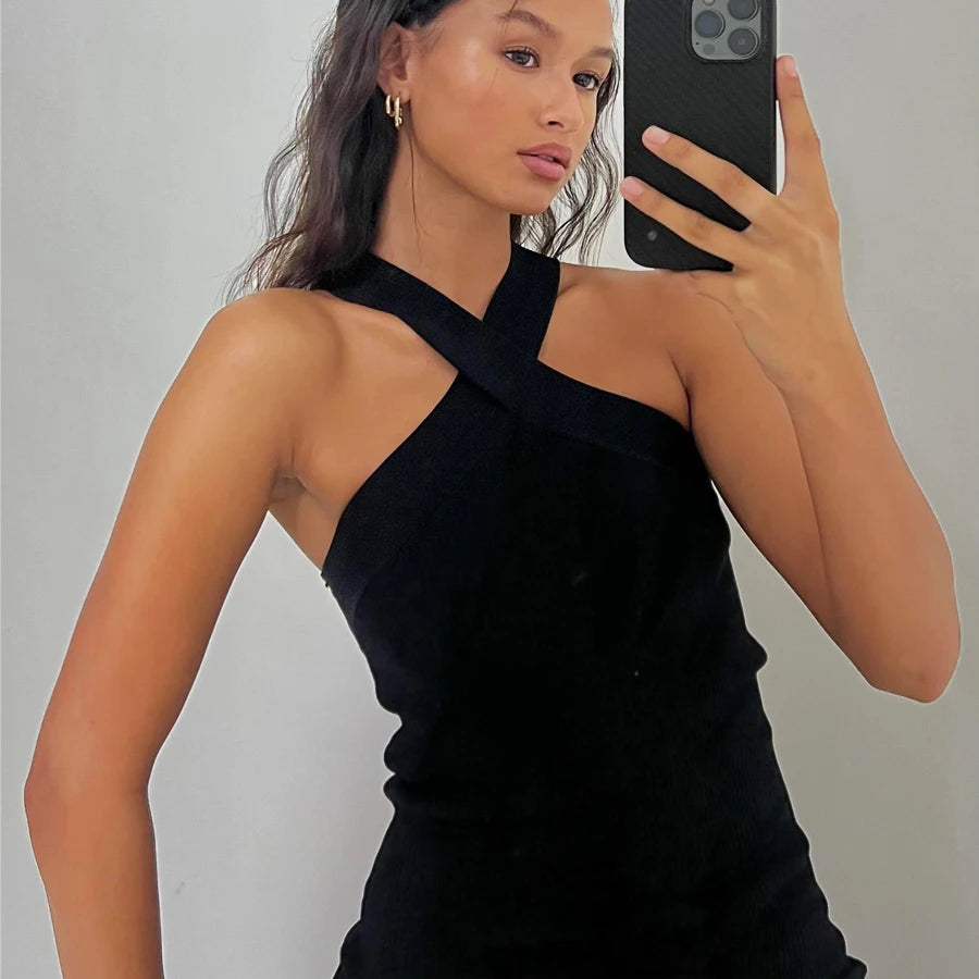 Halter Black Dress Mini Sleeveless Short Dresses