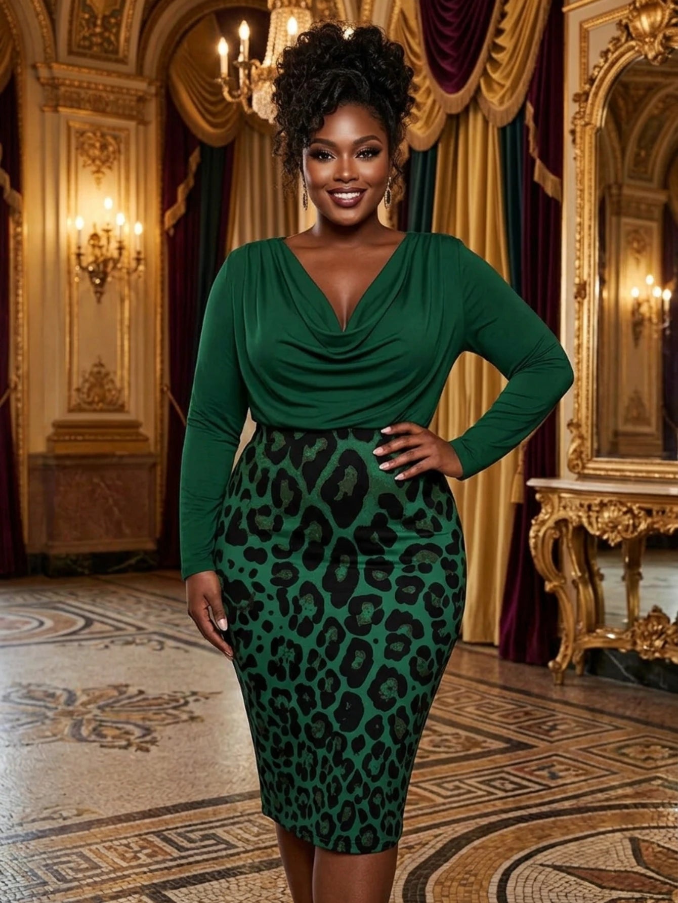 Women Long Sleeve Cowl Neck Leopard Print Midi Dress Elegant Bodycon Pencil Dress For Evening Party Formal Occasion Slim Fit