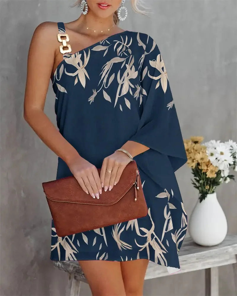 One Shoulder Geometric Print Dress Women Batwing Sleeve Asymmetrical Mini Dress Casual Party Club Evening Outfit