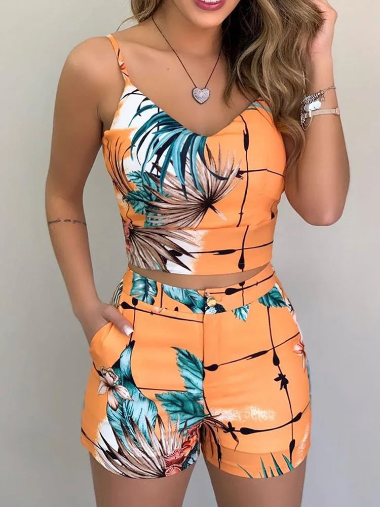 Two Piece Set Sleeveless Floral Vest Shirts + Shorts