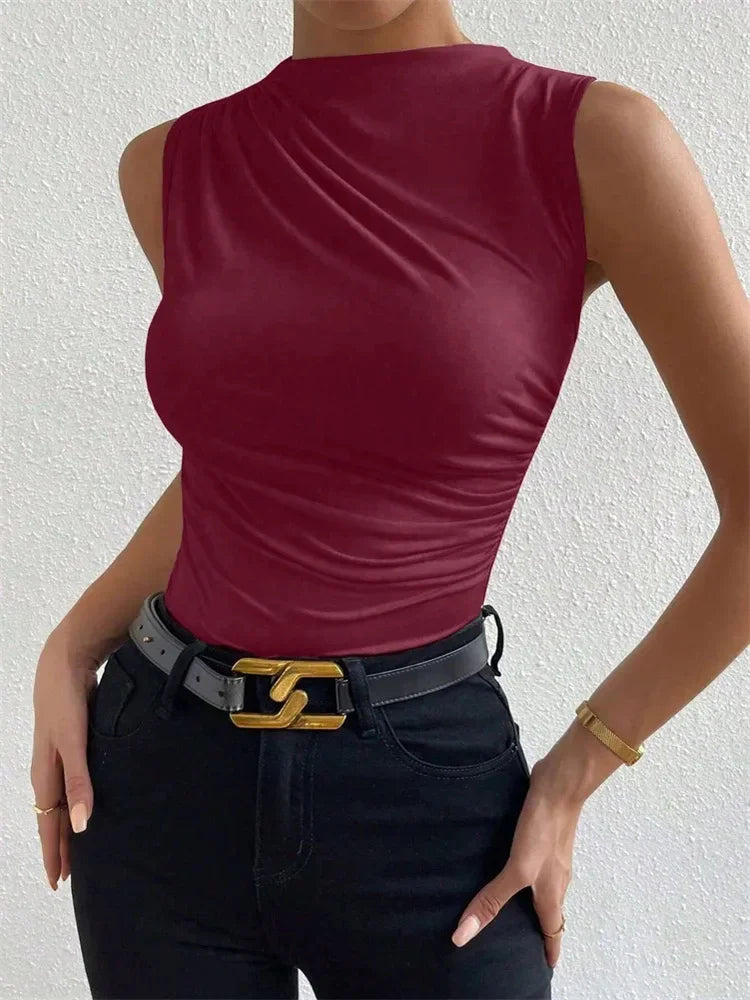 Mock Neck Ruched Tank Top for Women Summer 2024 Solid Color Pleated Sleeveless Tee Shirt Tshirt Streetwear Y2K