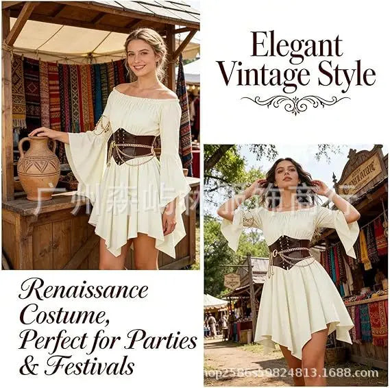 Women's Dress Suit Halloween Renaissance Medieval Pirate Dress Off-the-Shoulder Flared-Sleeve