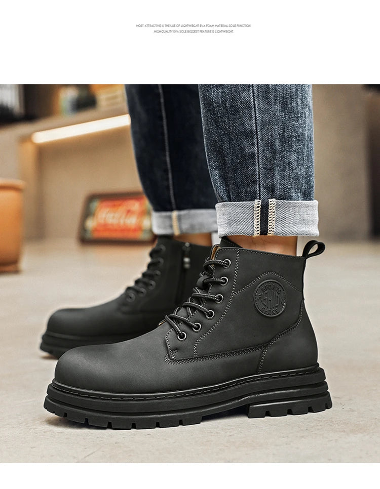 New autumn and winter men's boots rain boots high-top fashion side zipper motorcycle boots men's outdoor warm booties lacing 46