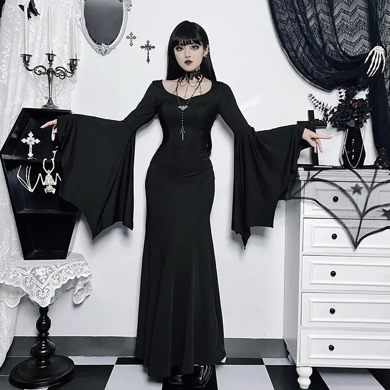 Halloween Costume Women Batwing Sleeve Floor Dress Black Gothic Evil Terror