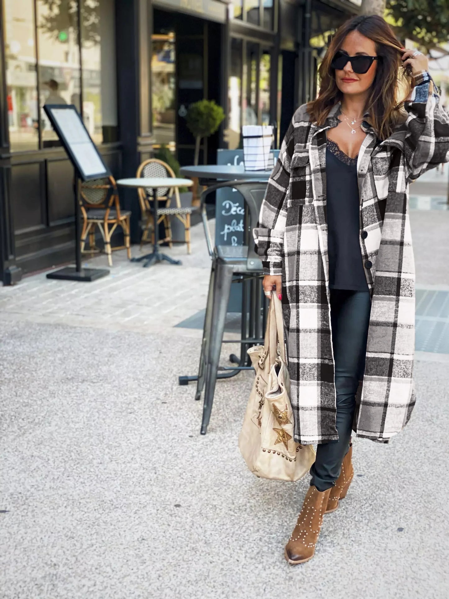 Women Coat Plaid Print Long Maxi Button Coats