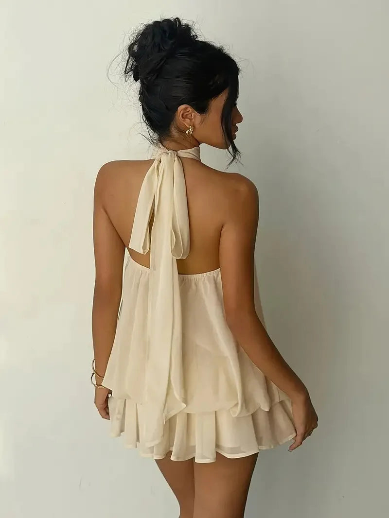 Halter Neck Backless Tie Mini Dress