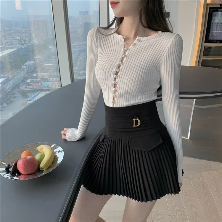 White Pleated Skirts High Waist Mini Metal Letter D A-Line