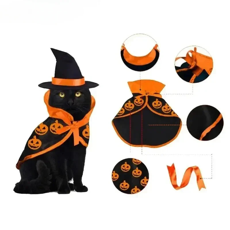 Halloween Pet Costume for Cats Breathable Cloak Shape Pumpkin Pattern Harness