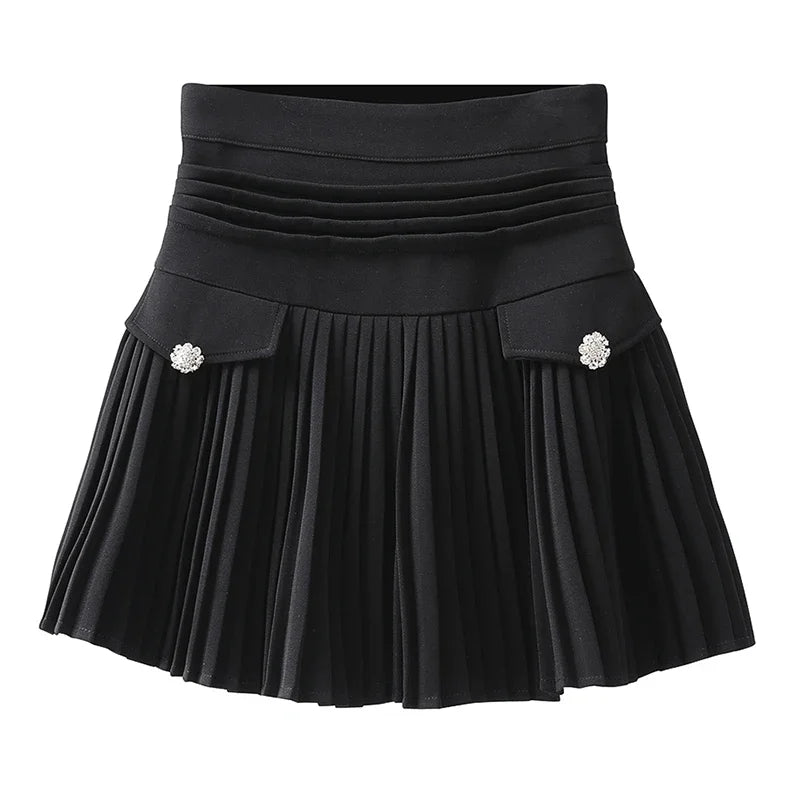 White Pleated Skirts High Waist Mini Metal Letter D A-Line