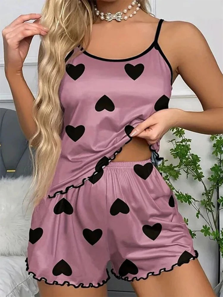 Women's Pajama Set Pajamas T-Shirts Shorts Pink Heart-Shaped Print Round Neck T-Shirt Ice Silk Top Comfortable Casual Summer ﻿