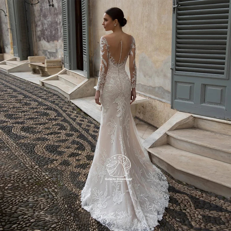 Galactic Wedding Dresses Illusion Backless Full Sleeves Lace Appliqued Crystal White