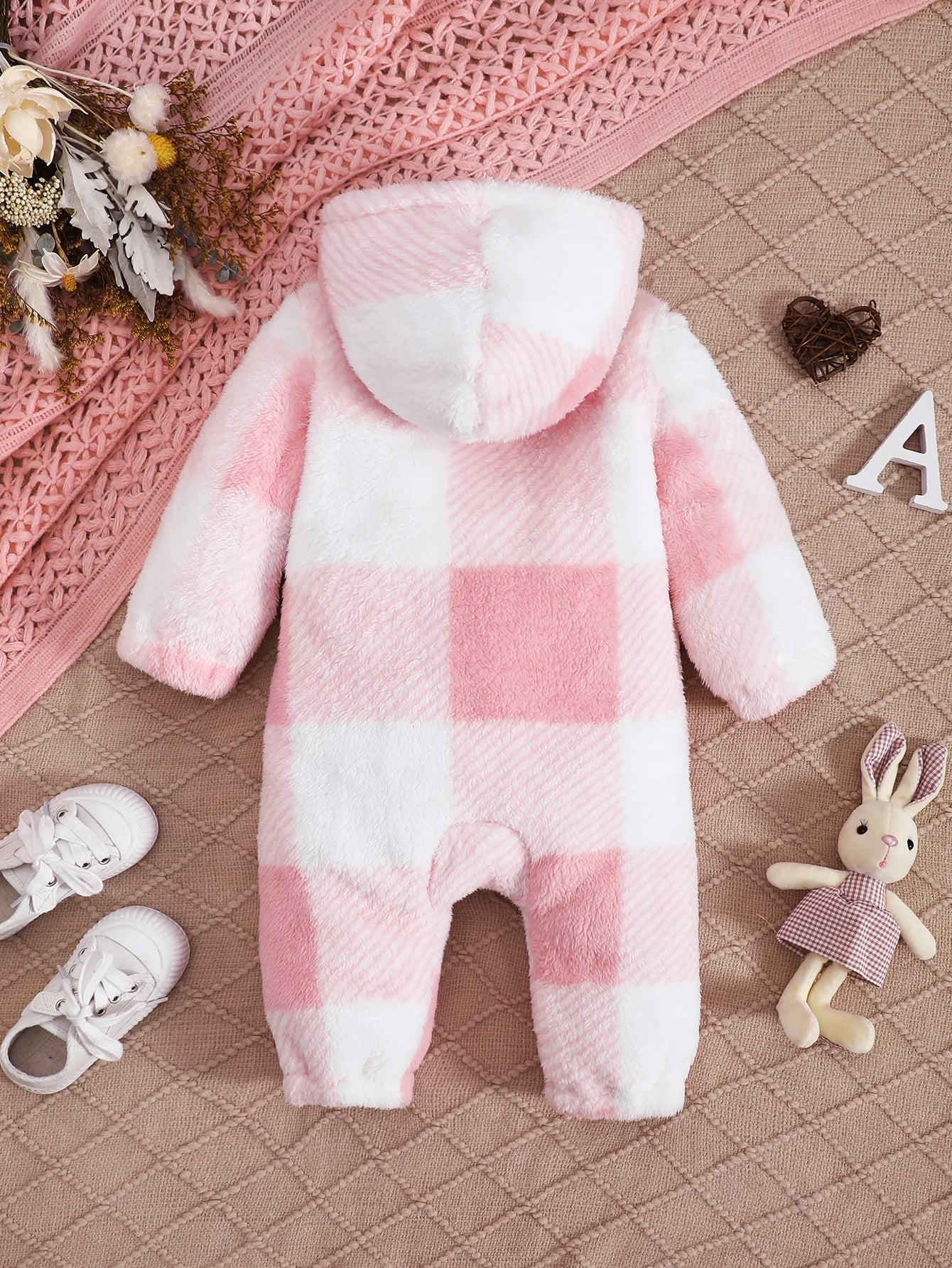 0-24 Months Baby Girl Plush Hooded Color Blocked Checkered Long Sleeved Jumpsuit Cute Baby Girl Winter Warm Crawling Suit