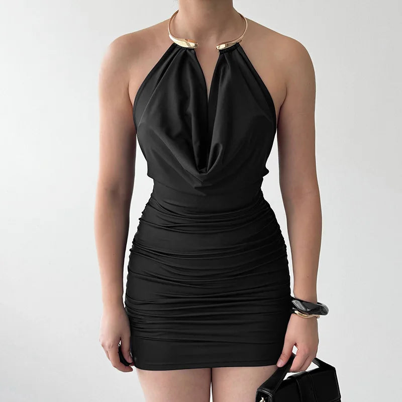 Metal Ring Halter Dress Cowl Neck Bodycon