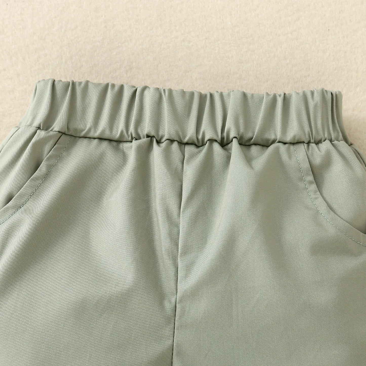 2PCS Spring and Summer Boy Short Sleeve Open Collar Spliced Shirt Decorative Drawstring Shorts Skin Friendly Cotton Shirt