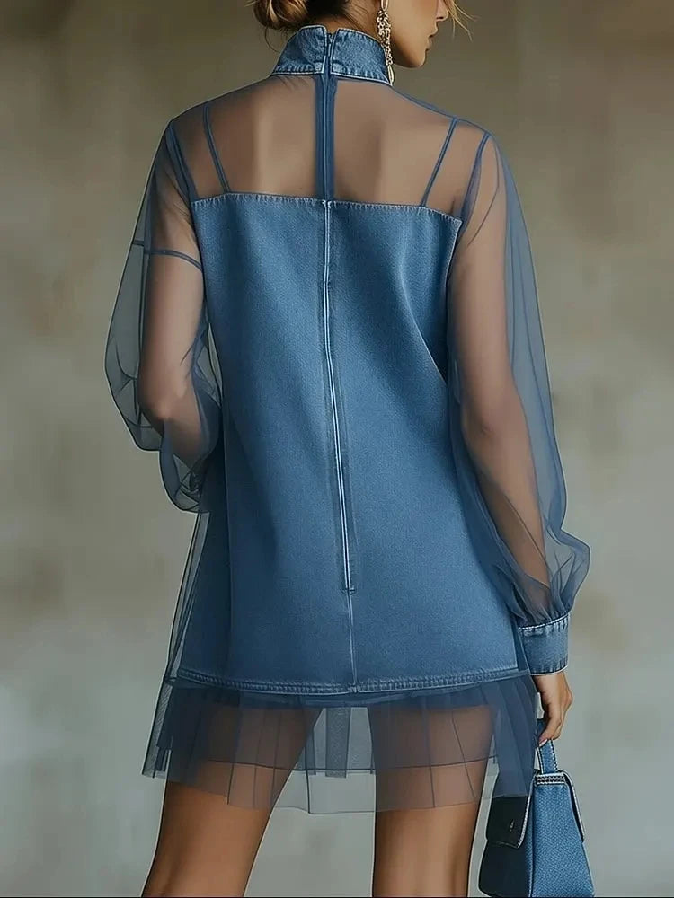 Denim Mini Dress Turtleneck Tulle Patchwork Long Sleeve