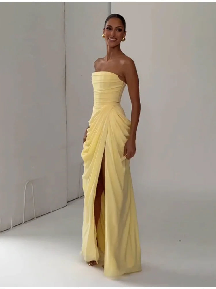 Solid Pleated Strapless Women's Dress Backless Off-shoulder