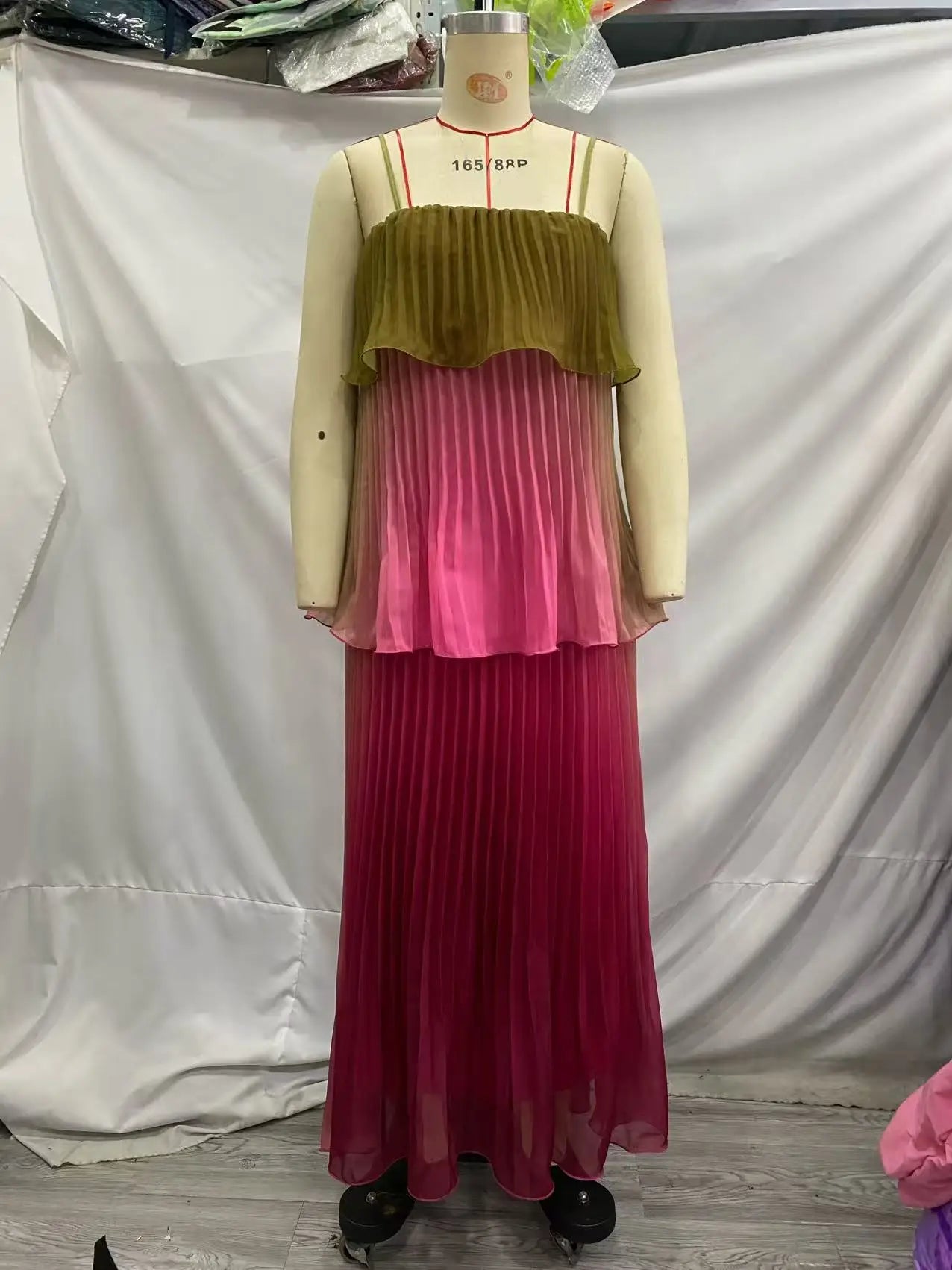 Multicolored Pleated  Maxi Dress  Spaghetti Strap Ruffle Tiered Flowy