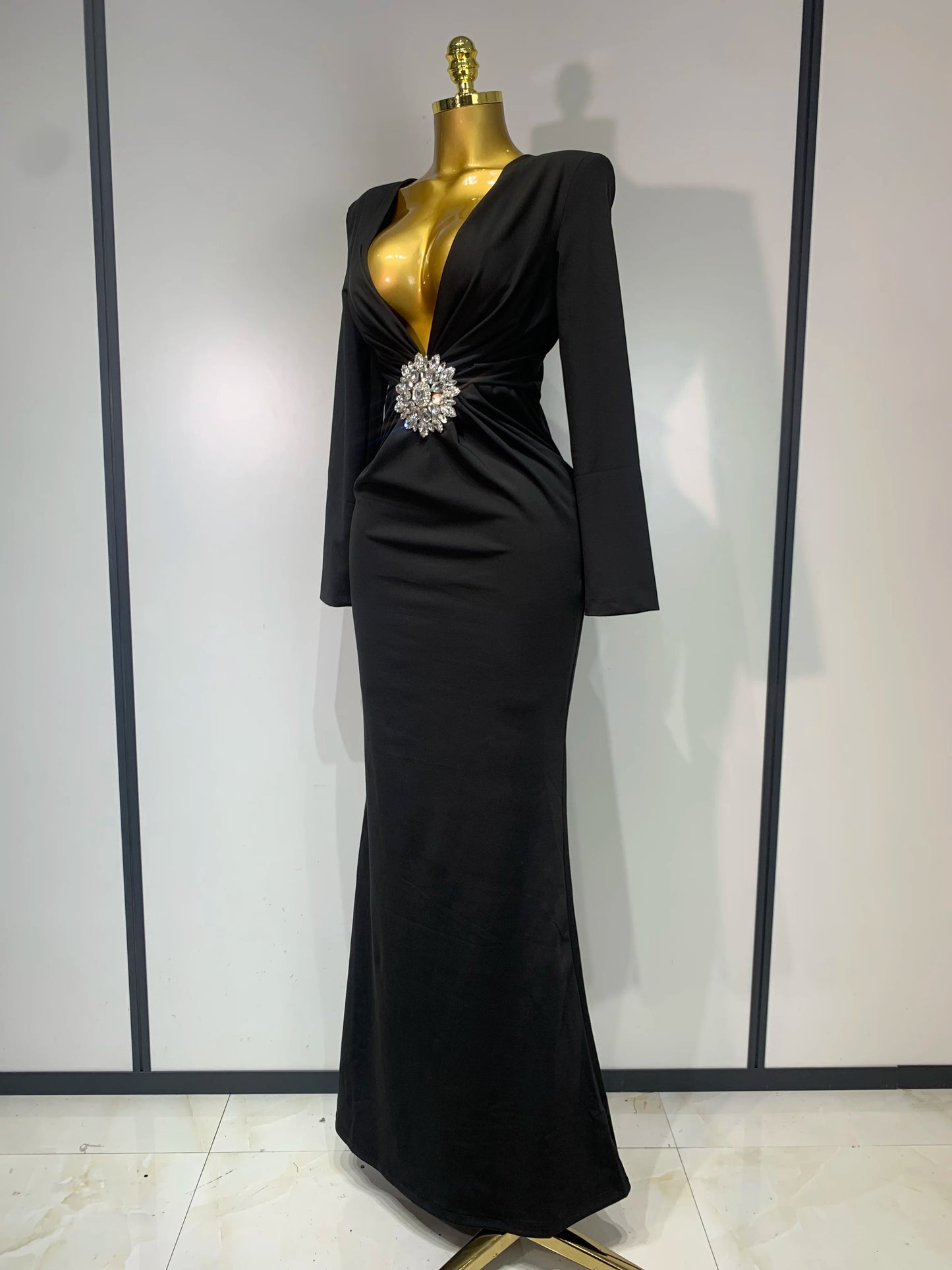 Long Sleeve Deep V-Neck Bodycon Long Dress