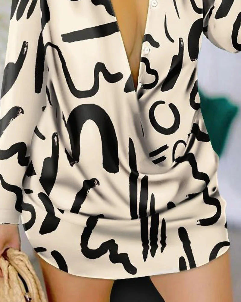 Spring Summer Sexy Deep V Neck Shirt Dress Office Lady Casual Loose Long Sleeve Letter Print Mini Dresses For Women 2023