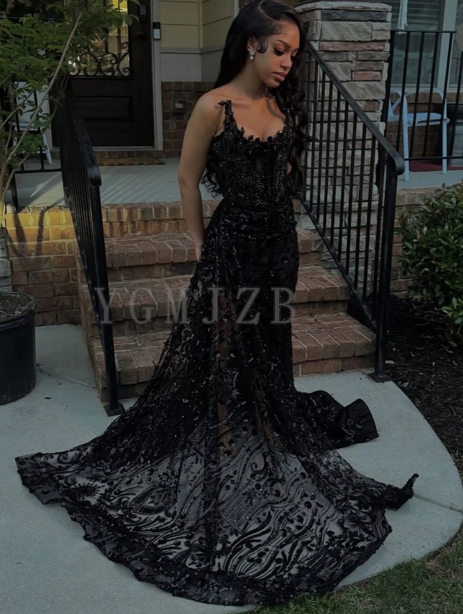 Black Rhinestones Long Prom Dresses