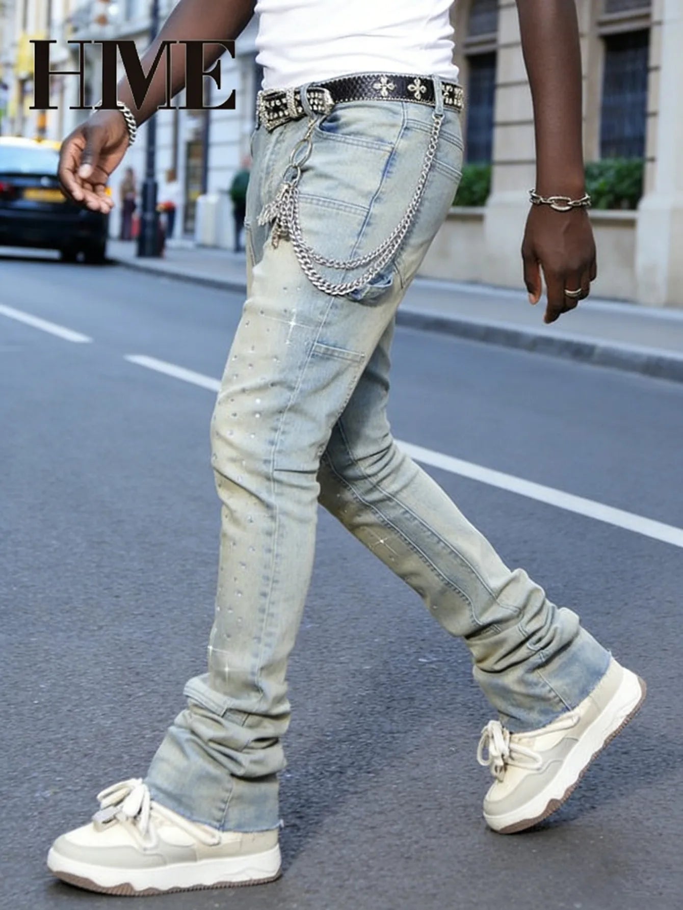 【HME】Men's jeans | Rhinestone Embellished Stacked Flare Denim pants for men, light vintage washed denim trousers with full‑body hot‑fix rhinestones, contrast stitching, multi‑pocket construction fashion streetwear m