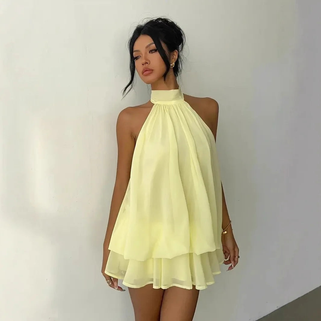 Halter Neck Backless Tie Mini Dress