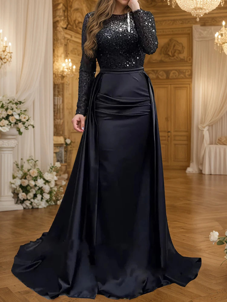 Sequin Evening Crew Neck Gold Long Sleeve Ruched Tiered Bodycon Dress