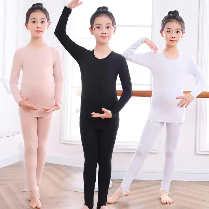 Spring Autumn Dancewear Kids Thermal Underwear Stretchy Girls Tight Underwear 2-14 Years Thin Base Performances Teen Clothes Set