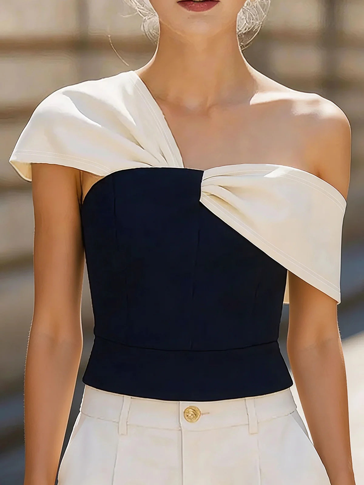 One Shoulder Twisted Color Block Navy White Slim Fit Crop Blouse, Tube Top For Party & Daily Women