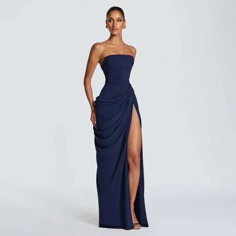 Solid Pleated Strapless Women's Dress Backless Off-shoulder