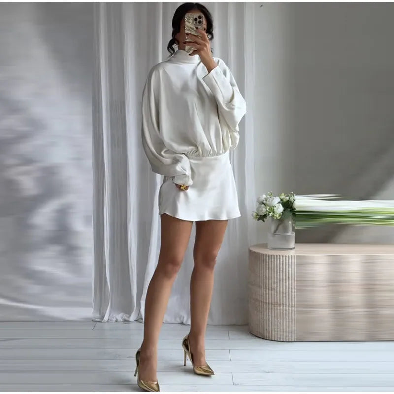 Satin Mini Dress  Scarf Collar Batwing Sleeve