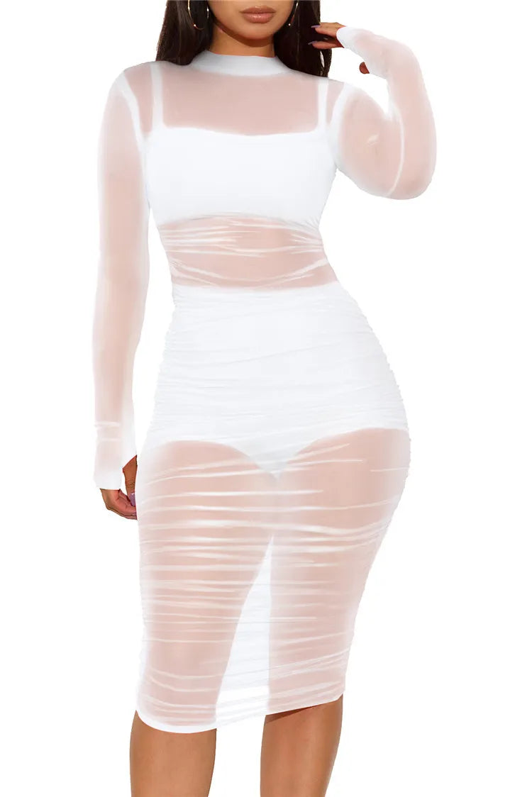 Women Mesh See Through 3 Piece Set Bodycon Ruched
