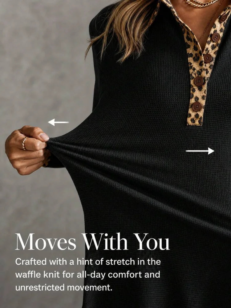Lady's Commuting Leopard Embroidered Plaid Knit Top Dress - Lady's Henry Collar Long-Sleeved Side-Opening Cotton Blended Casual Straight-Tee Shirt Dress