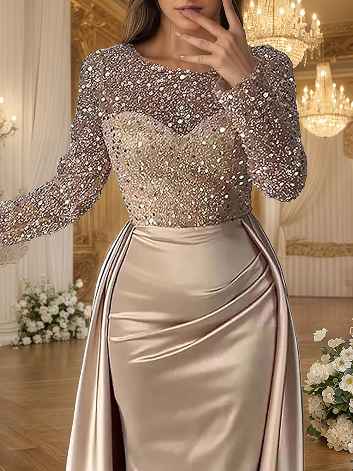 Sequin Evening Crew Neck Gold Long Sleeve Ruched Tiered Bodycon Dress