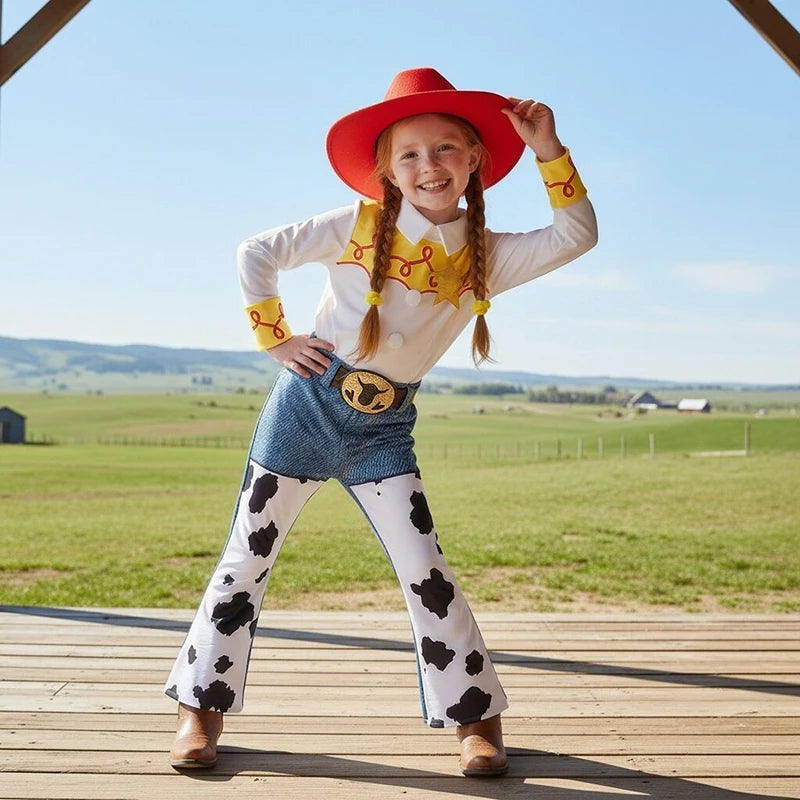 2026 Jessie Cowgirl Costume 2 Piece Set Sleeve shirt Cow Print Flared Pants Kids Cosplay Outfit