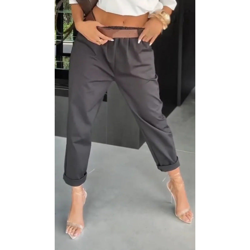 Solid-color Pocketed Slim-fit Casual Pants