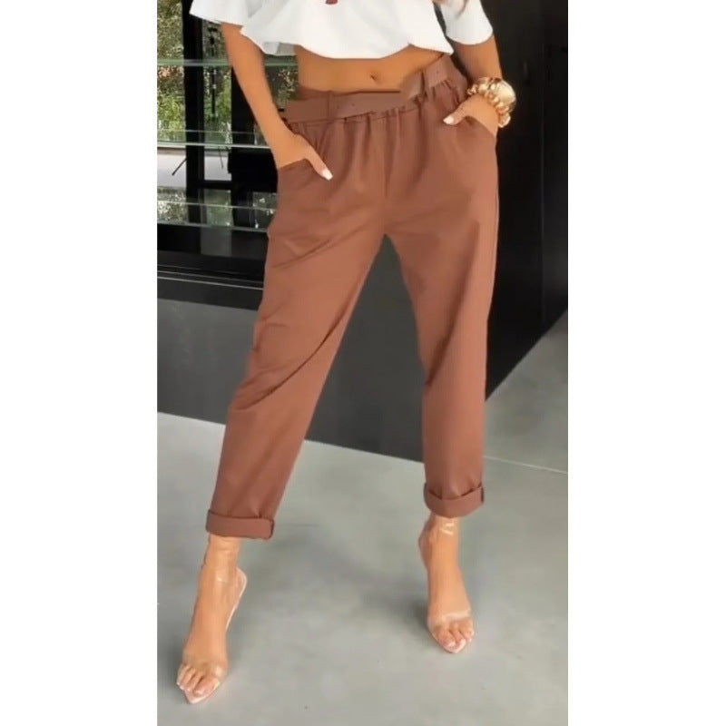 Solid-color Pocketed Slim-fit Casual Pants