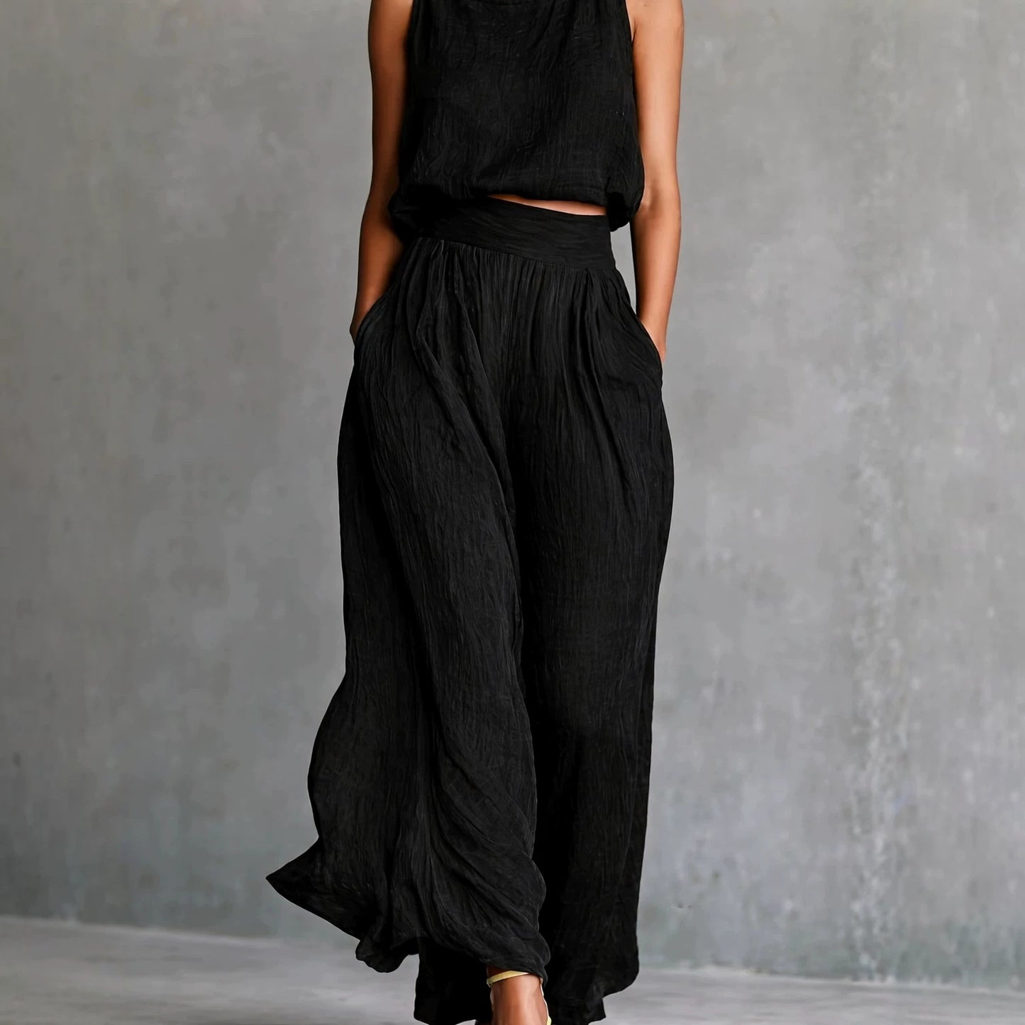 Sleeveless Loose Crew-Neck Top And Wide-Leg Pants Set