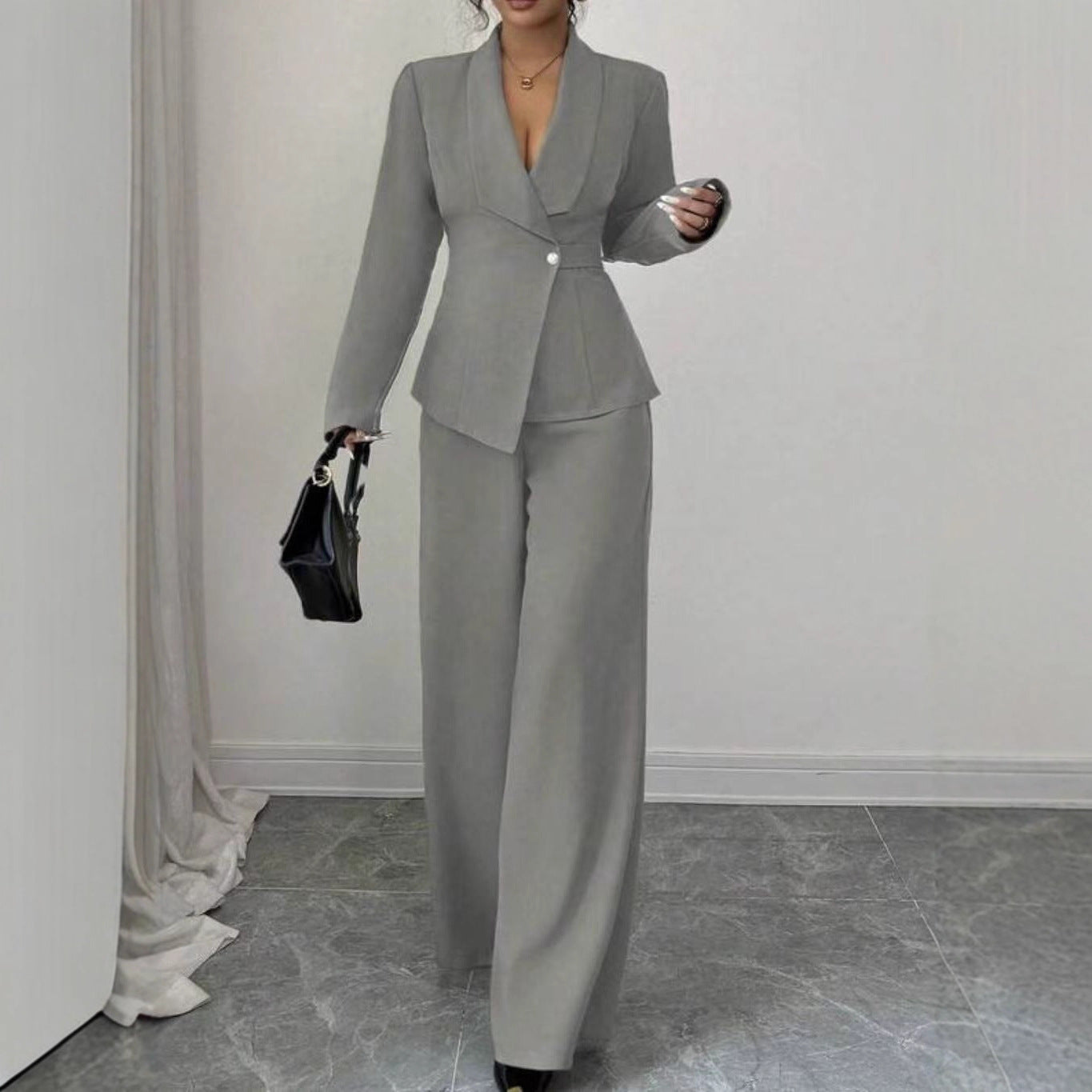 Solid-color Long-sleeve Straight-leg Pants Set
