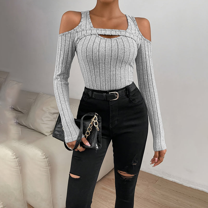 Women's Ribbed Long Sleeve Top Cut Out Front Detail Fitted Sexy Tee Casual Dressy T-Shirt Tops