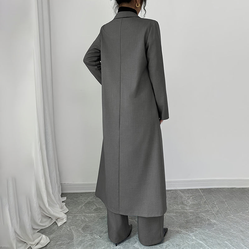 Women's 2 Piece Suit Set, Long Blazer Jacket And Straight Leg Pants, Business Formal Office Outfits