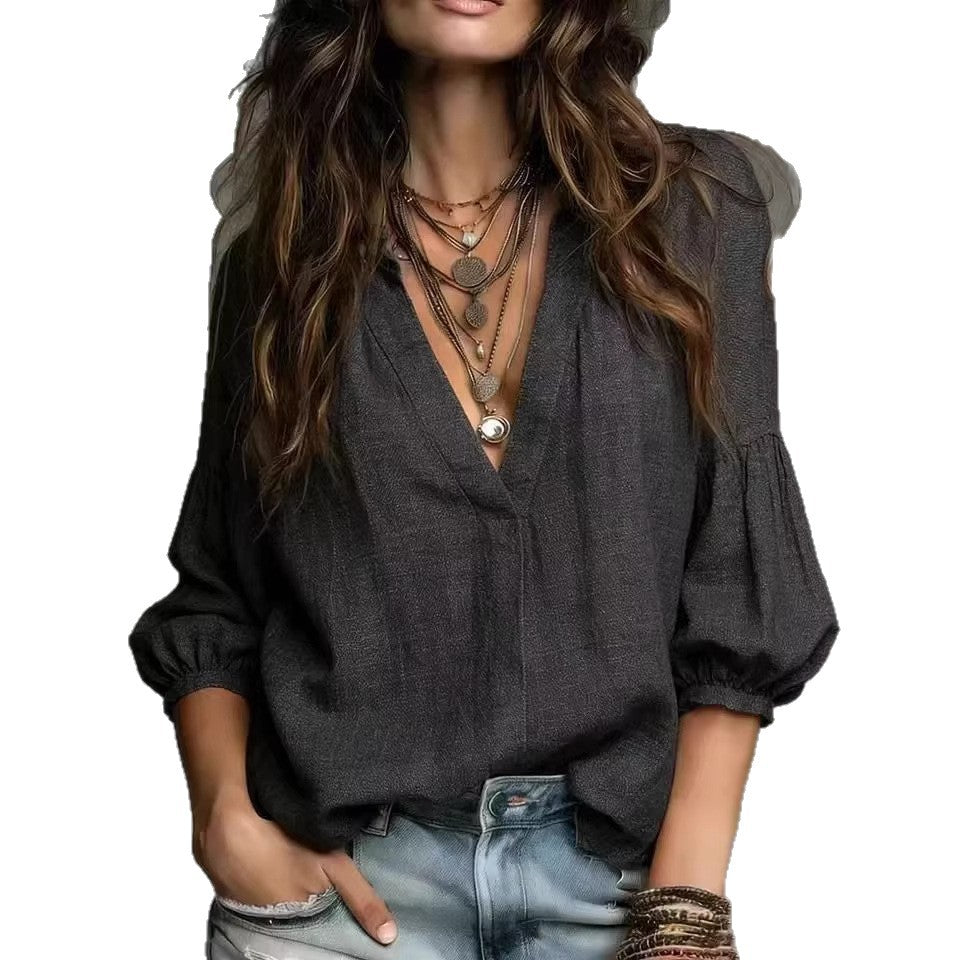 Loose  V-Neck Three-Quarter Sleeve Shirt