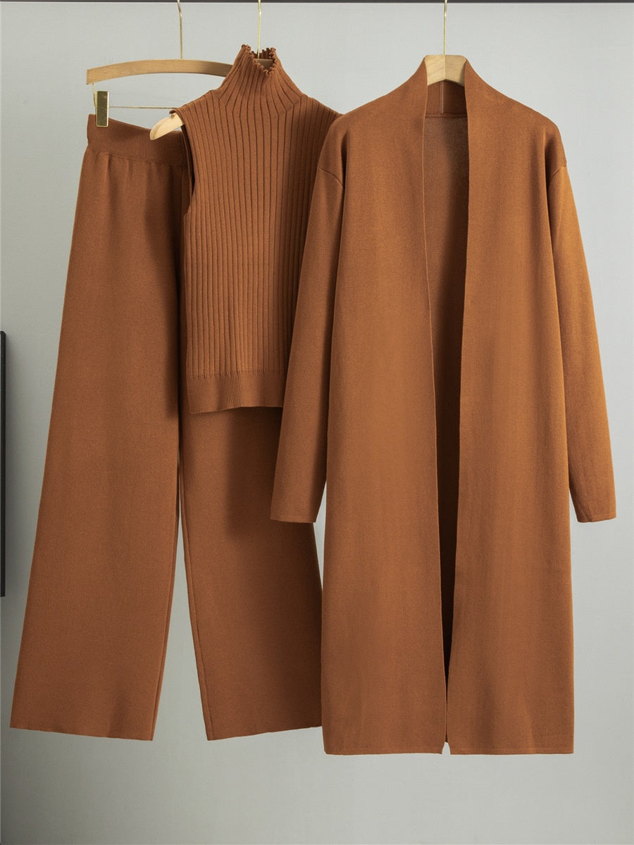3pcs Suits Women Knitting Sleeveless Vest Sweater Long Cardigan And Wide-leg Pants